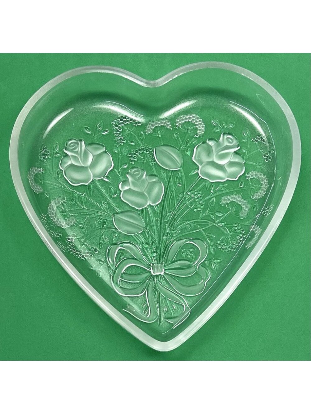 VTG MIKASA 7" Heart Shaped Rose Sweatheart Bouquet Glass Dish TRINKET TRAY EUC